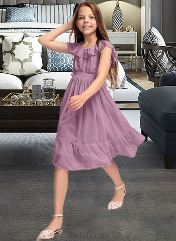 Jayleen A-Line Scoop Neck Knee-Length Chiffon Junior Bridesmaid Dress With Bow(s) Cascading Ruffles UKP0013426