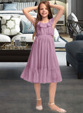 Jayleen A-Line Scoop Neck Knee-Length Chiffon Junior Bridesmaid Dress With Bow(s) Cascading Ruffles UKP0013426