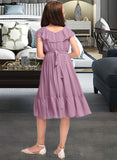 Jayleen A-Line Scoop Neck Knee-Length Chiffon Junior Bridesmaid Dress With Bow(s) Cascading Ruffles UKP0013426