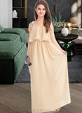 Josephine A-Line Square Neckline Floor-Length Chiffon Junior Bridesmaid Dress With Bow(s) Cascading Ruffles UKP0013428