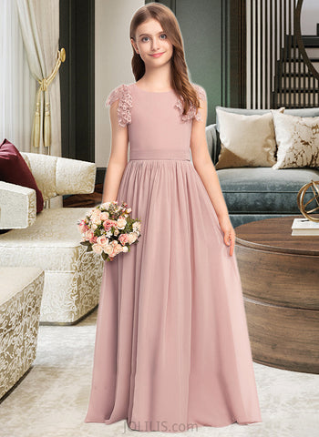 Natalie A-Line Scoop Neck Floor-Length Chiffon Lace Junior Bridesmaid Dress With Bow(s) UKP0013429