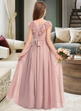 Natalie A-Line Scoop Neck Floor-Length Chiffon Lace Junior Bridesmaid Dress With Bow(s) UKP0013429