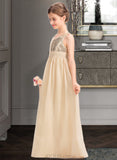 Adrianna A-Line V-neck Floor-Length Chiffon Sequined Junior Bridesmaid Dress With Ruffle UKP0013430