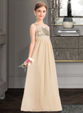 Adrianna A-Line V-neck Floor-Length Chiffon Sequined Junior Bridesmaid Dress With Ruffle UKP0013430