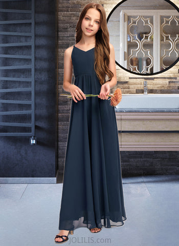 Guadalupe A-Line V-neck Floor-Length Chiffon Junior Bridesmaid Dress With Bow(s) UKP0013432