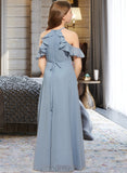 Vivienne A-Line Scoop Neck Floor-Length Chiffon Junior Bridesmaid Dress With Bow(s) Cascading Ruffles UKP0013433