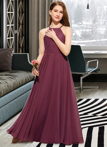 Arianna A-Line Square Neckline Floor-Length Chiffon Lace Junior Bridesmaid Dress UKP0013434