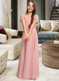 Ashly A-Line V-neck Floor-Length Chiffon Junior Bridesmaid Dress With Ruffle UKP0013437