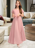 Ashly A-Line V-neck Floor-Length Chiffon Junior Bridesmaid Dress With Ruffle UKP0013437