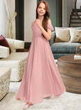 Ashly A-Line V-neck Floor-Length Chiffon Junior Bridesmaid Dress With Ruffle UKP0013437