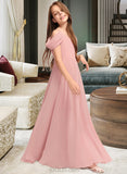 Ashly A-Line V-neck Floor-Length Chiffon Junior Bridesmaid Dress With Ruffle UKP0013437