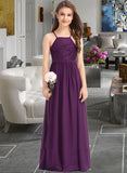 Heidi A-Line Square Neckline Floor-Length Chiffon Lace Junior Bridesmaid Dress With Bow(s) UKP0013438