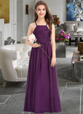 Heidi A-Line Square Neckline Floor-Length Chiffon Lace Junior Bridesmaid Dress With Bow(s) UKP0013438