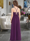 Heidi A-Line Square Neckline Floor-Length Chiffon Lace Junior Bridesmaid Dress With Bow(s) UKP0013438