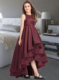 Lucille A-Line Scoop Neck Asymmetrical Satin Junior Bridesmaid Dress With Ruffle UKP0013439