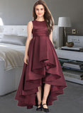 Lucille A-Line Scoop Neck Asymmetrical Satin Junior Bridesmaid Dress With Ruffle UKP0013439