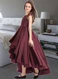 Lucille A-Line Scoop Neck Asymmetrical Satin Junior Bridesmaid Dress With Ruffle UKP0013439