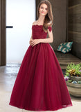 Sahna Ball-Gown/Princess Off-the-Shoulder Floor-Length Tulle Lace Junior Bridesmaid Dress With Beading Sequins UKP0013440