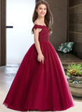 Sahna Ball-Gown/Princess Off-the-Shoulder Floor-Length Tulle Lace Junior Bridesmaid Dress With Beading Sequins UKP0013440