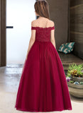 Sahna Ball-Gown/Princess Off-the-Shoulder Floor-Length Tulle Lace Junior Bridesmaid Dress With Beading Sequins UKP0013440