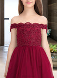 Sahna Ball-Gown/Princess Off-the-Shoulder Floor-Length Tulle Lace Junior Bridesmaid Dress With Beading Sequins UKP0013440