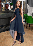 Janet A-Line Scoop Neck Asymmetrical Chiffon Junior Bridesmaid Dress With Bow(s) Ruffles UKP0013445