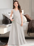 Lillie A-Line V-neck Floor-Length Chiffon Junior Bridesmaid Dress With Pockets UKP0013446