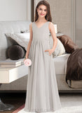 Lillie A-Line V-neck Floor-Length Chiffon Junior Bridesmaid Dress With Pockets UKP0013446