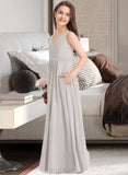 Lillie A-Line V-neck Floor-Length Chiffon Junior Bridesmaid Dress With Pockets UKP0013446