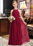 Viv A-Line Scoop Neck Floor-Length Chiffon Junior Bridesmaid Dress With Ruffle Beading Bow(s) UKP0013447