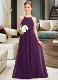 Micaela A-Line Scoop Neck Floor-Length Chiffon Junior Bridesmaid Dress With Bow(s) Cascading Ruffles UKP0013448