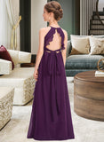 Micaela A-Line Scoop Neck Floor-Length Chiffon Junior Bridesmaid Dress With Bow(s) Cascading Ruffles UKP0013448