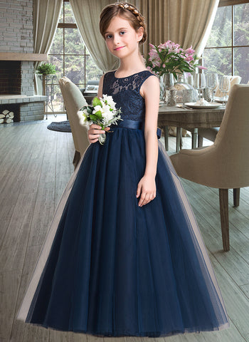 Madeleine Ball-Gown/PrincessScoopNeckFloor-LengthTulleJuniorBridesmaidDressWithSash#126265 UKP0013449