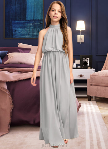 Presley A-Line High Neck Floor-Length Chiffon Junior Bridesmaid Dress With Ruffle UKP0013452