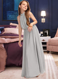 Presley A-Line High Neck Floor-Length Chiffon Junior Bridesmaid Dress With Ruffle UKP0013452