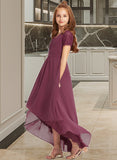 Martina A-Line V-neck Asymmetrical Chiffon Lace Junior Bridesmaid Dress With Ruffle UKP0013453