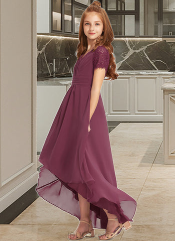 Martina A-Line V-neck Asymmetrical Chiffon Lace Junior Bridesmaid Dress With Ruffle UKP0013453