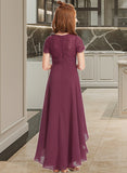 Martina A-Line V-neck Asymmetrical Chiffon Lace Junior Bridesmaid Dress With Ruffle UKP0013453