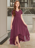 Martina A-Line V-neck Asymmetrical Chiffon Lace Junior Bridesmaid Dress With Ruffle UKP0013453