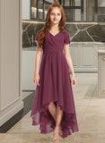 Martina A-Line V-neck Asymmetrical Chiffon Lace Junior Bridesmaid Dress With Ruffle UKP0013453