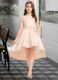 Miya A-Line Scoop Neck Asymmetrical Satin Lace Junior Bridesmaid Dress With Beading Pockets UKP0013455