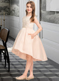 Miya A-Line Scoop Neck Asymmetrical Satin Lace Junior Bridesmaid Dress With Beading Pockets UKP0013455