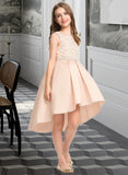 Miya A-Line Scoop Neck Asymmetrical Satin Lace Junior Bridesmaid Dress With Beading Pockets UKP0013455