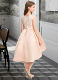 Miya A-Line Scoop Neck Asymmetrical Satin Lace Junior Bridesmaid Dress With Beading Pockets UKP0013455