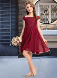 Jaslene A-Line Off-the-Shoulder Knee-Length Chiffon Lace Junior Bridesmaid Dress With Bow(s) UKP0013456