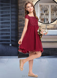 Jaslene A-Line Off-the-Shoulder Knee-Length Chiffon Lace Junior Bridesmaid Dress With Bow(s) UKP0013456