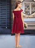 Jaslene A-Line Off-the-Shoulder Knee-Length Chiffon Lace Junior Bridesmaid Dress With Bow(s) UKP0013456