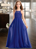 Zoey A-Line Square Neckline Floor-Length Chiffon Lace Junior Bridesmaid Dress UKP0013457