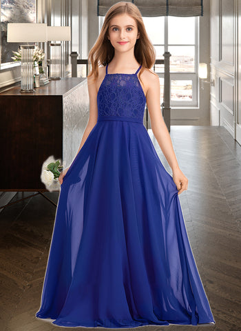 Zoey A-Line Square Neckline Floor-Length Chiffon Lace Junior Bridesmaid Dress UKP0013457