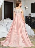 Lesley Ball-Gown/Princess Off-the-Shoulder Sweep Train Satin Lace Junior Bridesmaid Dress UKP0013460